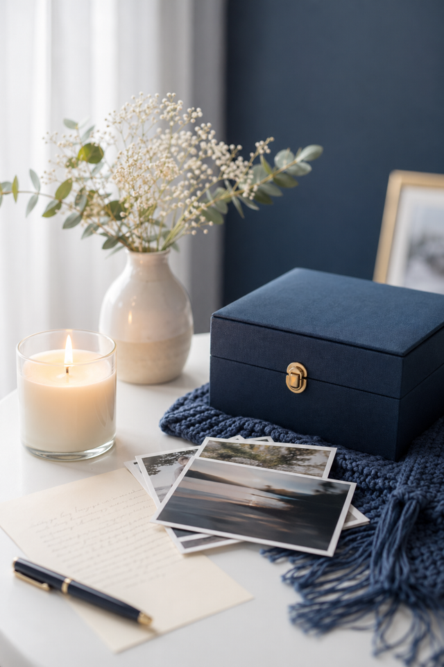 A candle beside handwritten notes in soft light