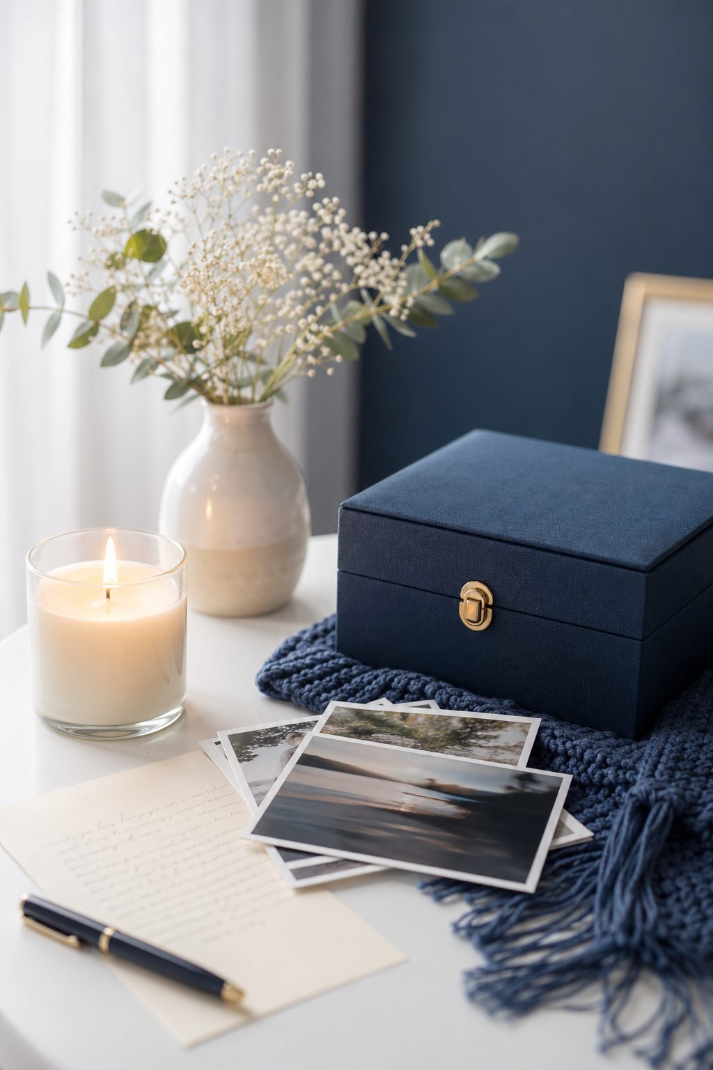 A candle beside handwritten notes in soft light